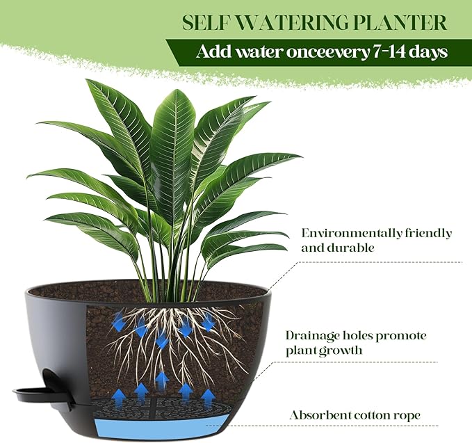 2 Pack 10 Inch Self Watering Hanging Planters for Indoor Plants, Large Black Plastic Hanging Pots with Chains for Outdoor Patio Garden Home Decor (Black)