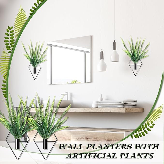2 Pieces Black Wall Decor Hanging Planters with Artificial Plants Metal Hanging Vase Indoor Plants Holder Modern Geometric Wall Art for Bathroom Bedroom Living Room Decor(Boston Fern)