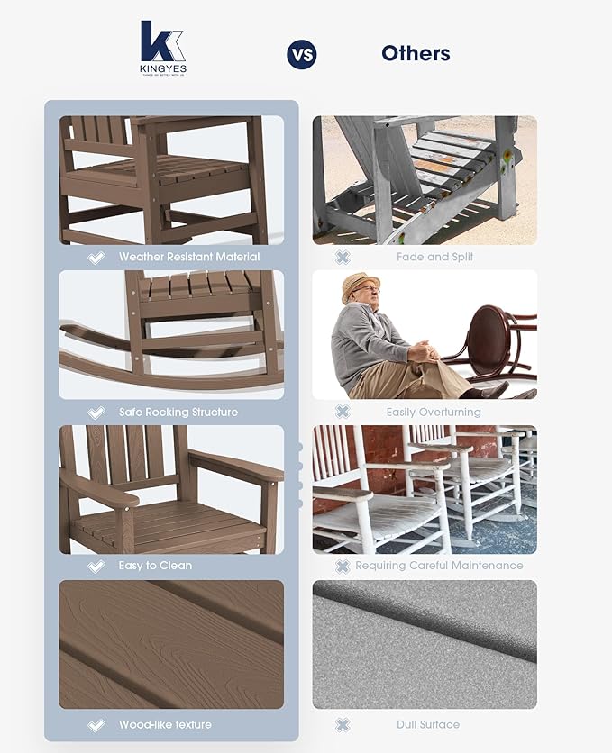 KINGYES HDPE Outdoor Rocking Chair, Widened Seat Patio Rocking Chair, Oversized All Weather Patio Rocker, Brown