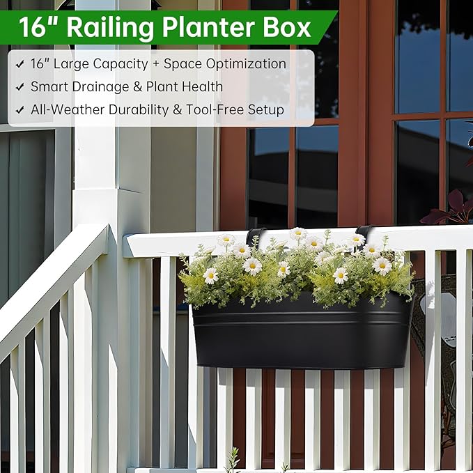 OGIMA Railing Planter Box, 3 Pack 16" Large Hanging Planters for Outdoor Plants with Adjustable Wide Hooks for 2.7'' Railings, Balcony Planters Railing Hanging for Deck, Fence & Patio Decor