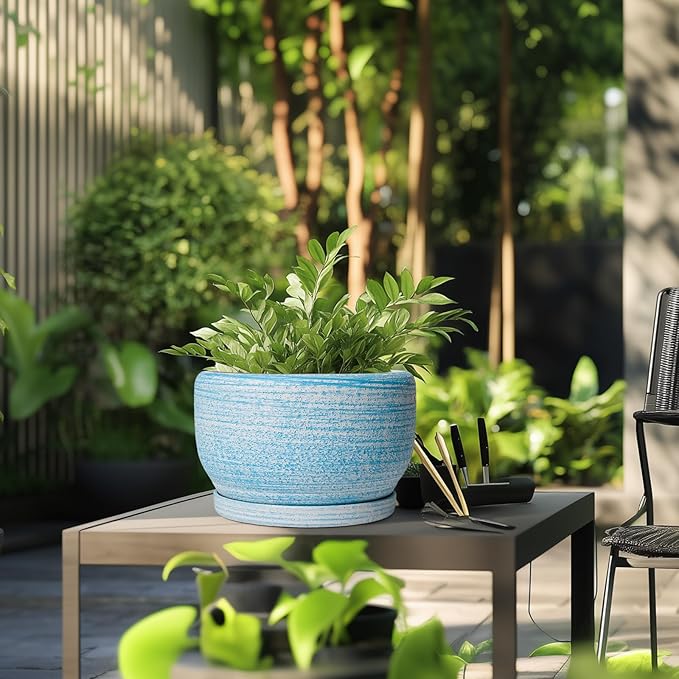 SQOWL Ceramic Plant Pots - 10 Inch Ceramic Flower Pots with Drainage Hole and Saucer, Round Large Planter for Indoor Outdoor, Decorative Modern Planter, Kitchen Decor, House Warming Gifts, Blue