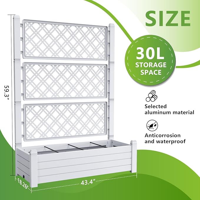 Raised Garden Bed with Trellis for Climbing Plants, 43.43" L x 18.27" W x 59.29" H Planter Box with Self Watering Drainage Holes for Outdoor Backyard Patio Balcony, Anti-Rust Resin (Ashen)
