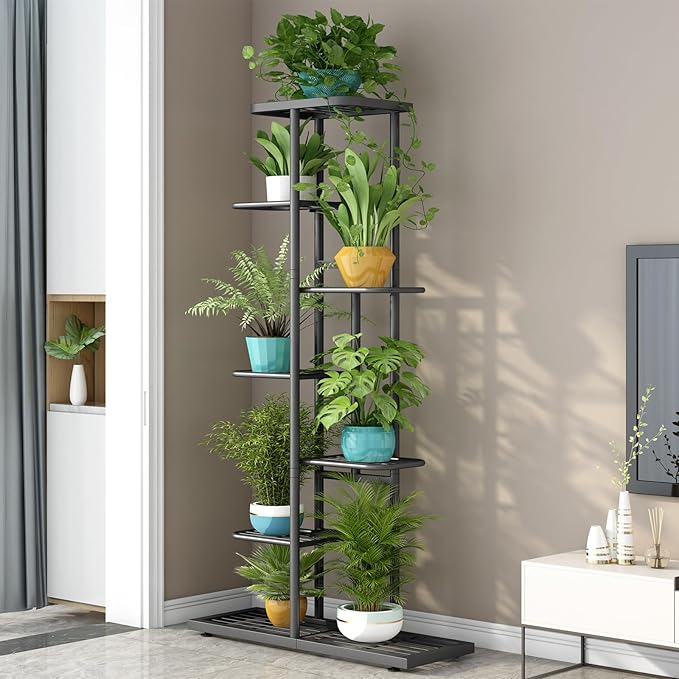 LINZINAR Plant Stand Metal 7 Tier 8 Potted Multiple Flower Pot Holder Shelf Indoor Outdoor Planter Display Shelving Unit for Patio Garden Corner Balcony Living Room, DarkGrey