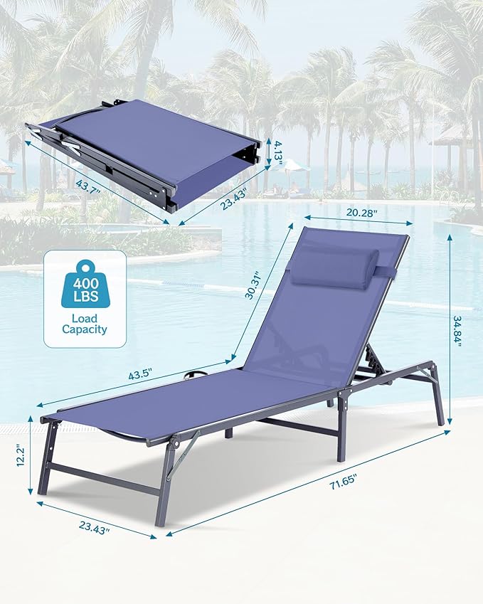 4 Pack Foldable Chaise Lounge Chair with Cup Holder, Assemble-Free Outdoor Lounge Chair with Detachable Pillow and 6 Adjustable Backrest, Patio Lounge Chair for Outside Poolside Beach Pool, Blue