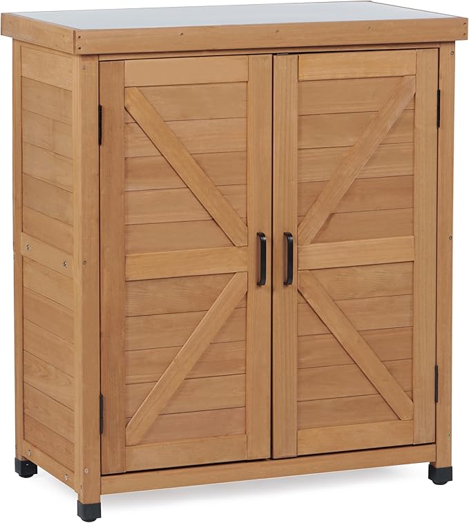 Outdoor Potting Bench with Storage Cabinet and Metal Top, Wood Workstation for Outdoor Patio, Garden (Light Brown, 31x17x36‘’)