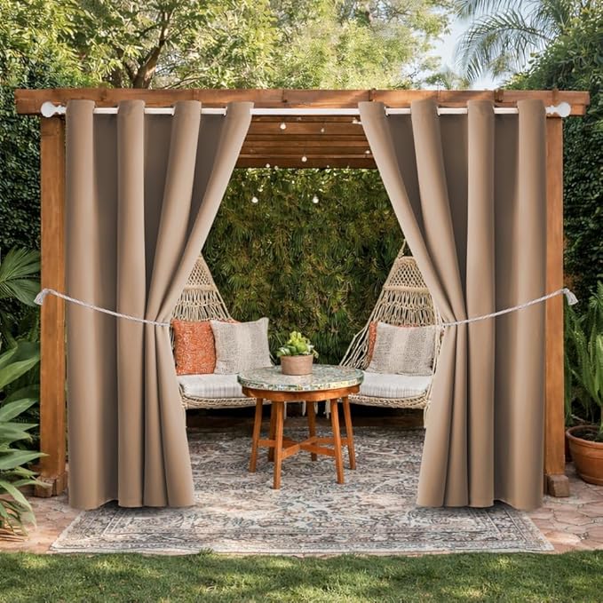 DIVA EN CAMINO DEC Outdoor Patio Curtain Waterproof Darkening Thermal Insulated Indoor Curtains for Bedroom, Porch, Living Room, Pergola, Cabana, W52 x L72, Camel Brown, Set of 2 Panels