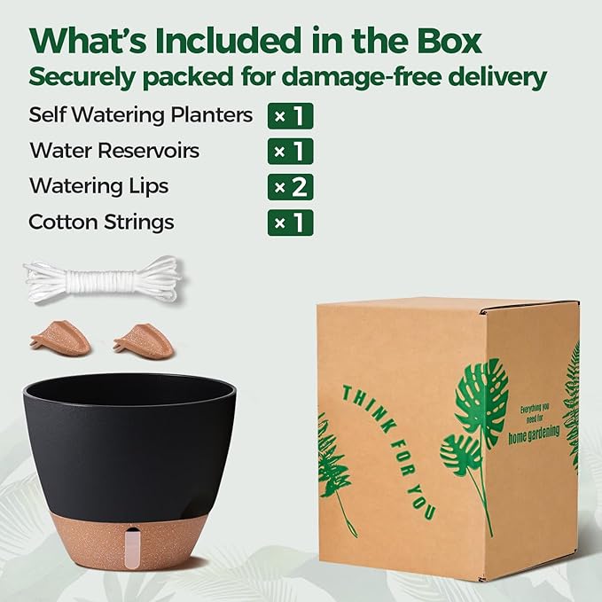 T4U 12 Inch Self Watering Pot - Water Level Indicator & Deep Reservoir, Mess-Free Planter for Busy People, Beginners & Gardeners, Fit Rubber Tree/Fiddle Leaf Fig Plants, Indoor Outdoor Use (Black)