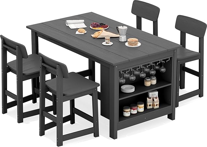 SERWALL Outdoor Bar Table and Chairs Set, 5-Piece HDPE Counter Height Patio Dining Sets with Storage and Wine Rack, Rectangular High Top Bar Table with 4 Bar Stools for Garden, Backyard, Gray