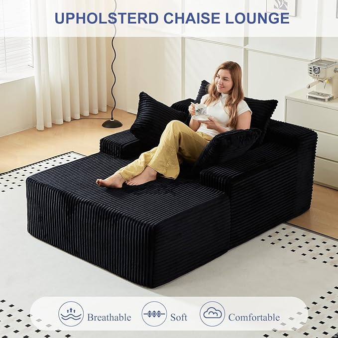 67 Inch Chaise Lounge Chair Indoor, Oversized Upholstered Boneless Sofa Bed, Corduroy Deep Seat Sleeper Couch Reading Chairs, Comfy Cloud Sofas Couches for Living Room, No Assembly Required (Black)