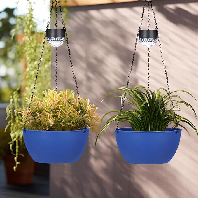 BAYN 2 Packs Solar Hanging Basket Planters for Plants Outdoor, Self Watering Blue Flower Plants Pots with Solar Light Drainer for Balcony Patio Garden Outdoor Decoration