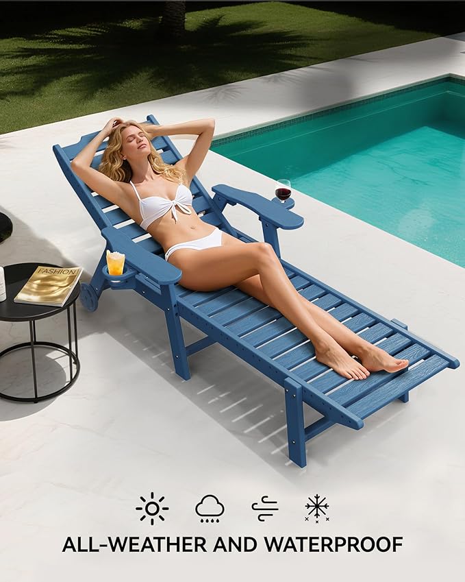 Carauci Lounge Chair Outdoor Set of 2, HDPE Chaise Lounge with Wheels, 5-Position Adjustable Backrest & 2 Cup Holders Patio Lounge Chair, All-Weather Pool Sun Lounger for Poolside, Backyard, Blue