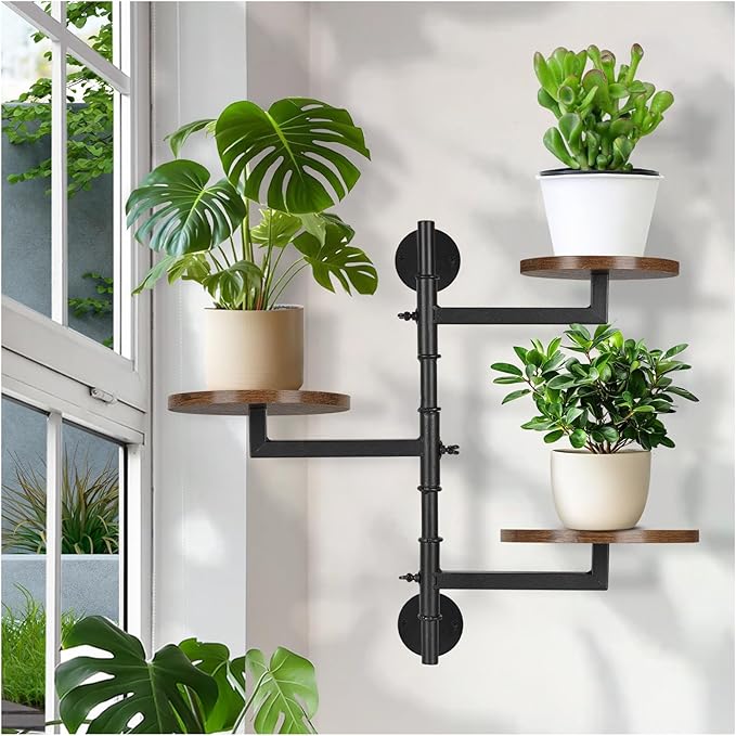 Wooden Rotatable Window Sill Plant Stand, 3 Tier Wall Plant Holder, 180 Degree Rotating Plant Rack, Mid-Century Wooden Style Plant Stand for Indoor and Outdoor Decoration (black)