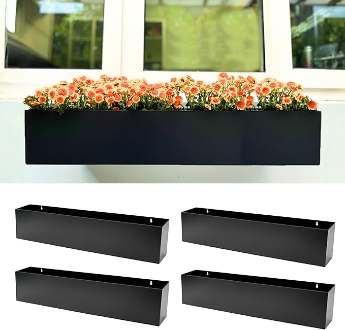 LaLaGreen Wall Planters for Outdoor Plants (30 Inch, 4 Pack) Carbon Steel Black Metal Hanging Flower Pots Outdoor for Succulents, Wall Mount Rectangular Long Window Sill Box Fence Deck Garden Decor