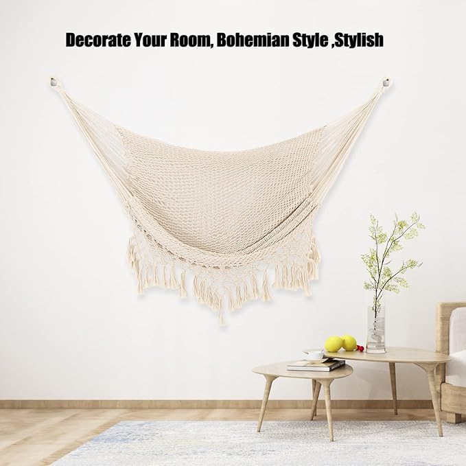 Hammock Chair，Max 330lbs, Large Hanging Chair, Soft Cotton Rope Swing Chair with High Load-Bearing Metal Rod,Indoor Outdoor Garden Yard Living Room Use Beige