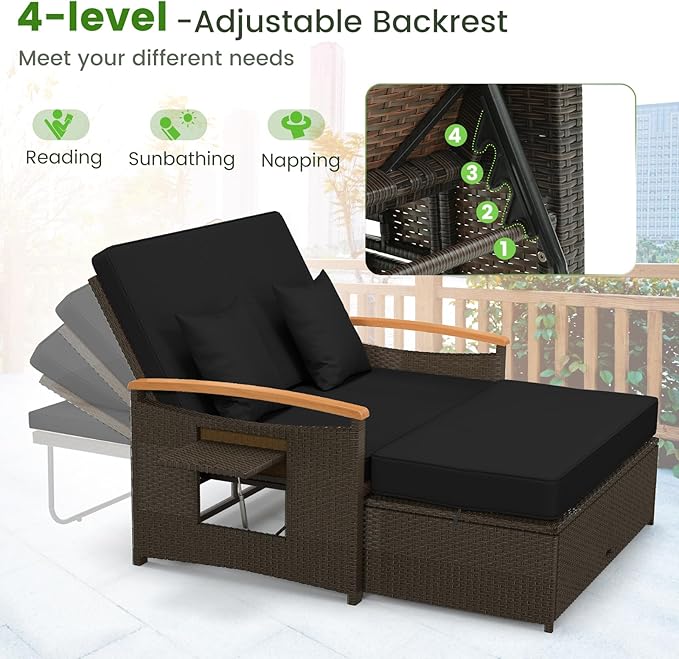Tangkula Patio Rattan Daybed with 4-Level Adjustable Backrest, Outdoor Wicker Loveseat with Acacia Wood Armrest, Storage Ottoman & Folding Tray, Double Sunbed for Balcony, Backyard & Poolside (Black)