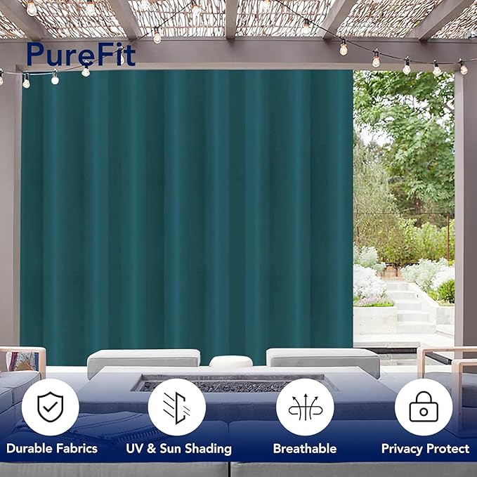 PureFit Outdoor Curtains for Patio Waterproof Weatherproof, UV Resistant Outside Curtains for Gazebo, Front Porch, Pergola, Sun Blocking Privacy Curtain, 120W x 84L inch, 1 Panel, Teal