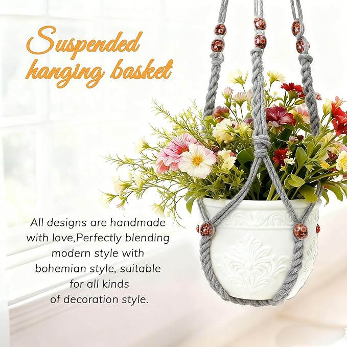 35 Inch Macrame Plant Hanger, Large for up to 15 Inch Pot Extra Long Hanging Planter Holder Basket with Wood Beads for Indoor Outdoor Home Decor (Grey, 1-Pack)