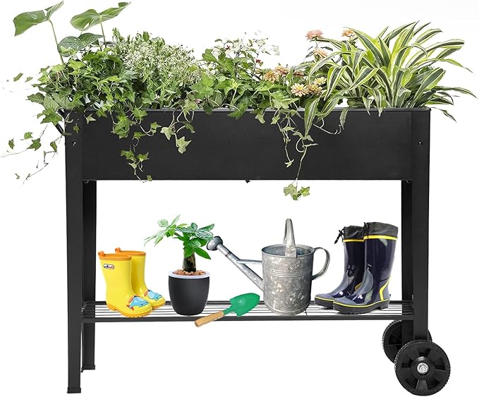 Piksedo Raised Garden Bed, Elevated Planter Metal Plant Box with Wheels with Legs Standing Garden Stand Drainage Holes Frosted Black