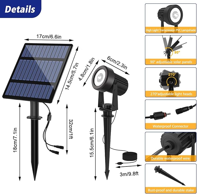 T-SUNUS Solar Spot Lights Christmas 6-in-1 Outdoor Warm White 3000K Landscape Spotlight IP65 Waterproof Separated Panel Spotlights with 9.8ft Cable Auto On/Off for Tree Lawn Driveway Pathway Halloween