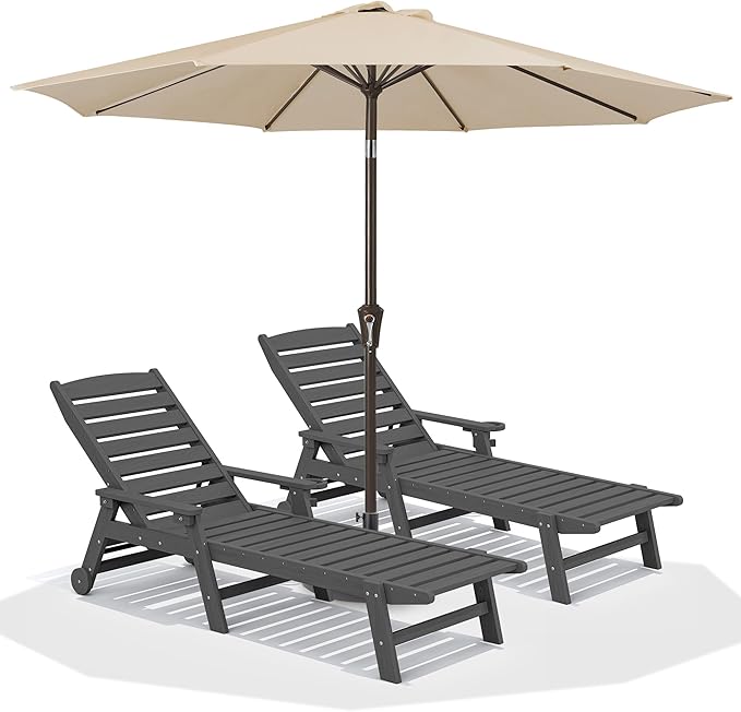 SERWALL Patio Chaise Lounge Chair Set of 2 with 9FT Patio Umbrella, 78'' HDPE Outdoor Lounger, Poly Lounge Chair with Rolling Wheels & Cup Holder for Pool,Slate Gray (Umbreall Base not Included)