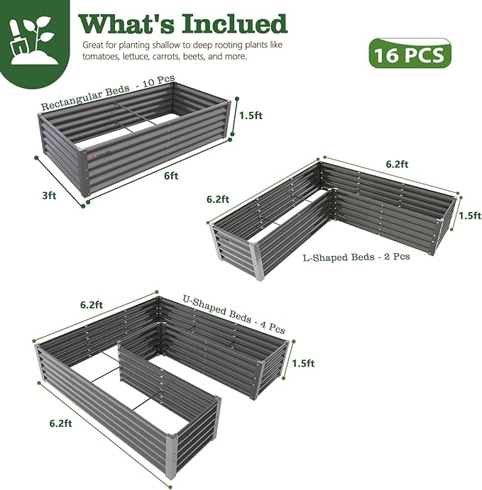 A ANLEOLIFE Set of 16, 18 Inch Tall Galvanized Raised Garden Beds Kit, Rectangular,U-Shaped & L Shaped Metal Planters – Ideal for Backyard Structured Garden Layouts, Quartz Grey