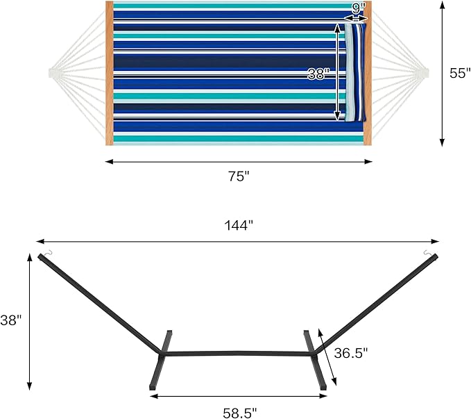 Two Person Hammock with Stand for Outside Heavy Duty, Outdoor Patio Hammock with Portable Steel Stand, Large Double Hammocks,480lbs Capacity.(Blue Stripes)