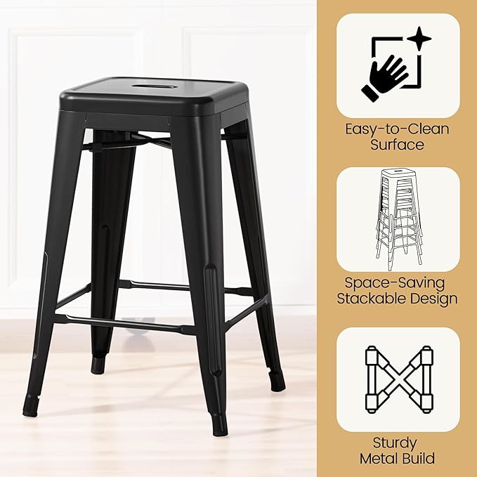 Yaheetech 24 Inch Metal Barstools Set of 4, Counter Height Backless Stools, Industrial Stackable Bar Chairs with Footrest for Kitchen/Dining Room/Bistro/Patio, Black