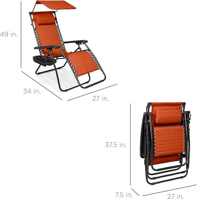 Best Choice Products Folding Zero Gravity Outdoor Recliner Patio Lounge Chair w/Adjustable Canopy Shade, Headrest, Side Accessory Tray, Textilene Mesh - Burnt Orange