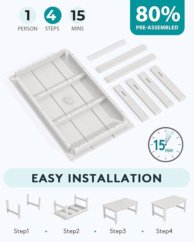 SERWALL HDPE Patio Coffee Table, Rectangle Outdoor Coffee Table, All-Weather Coffee Side Table for Balcony, Poolside, Deck, Garden, White