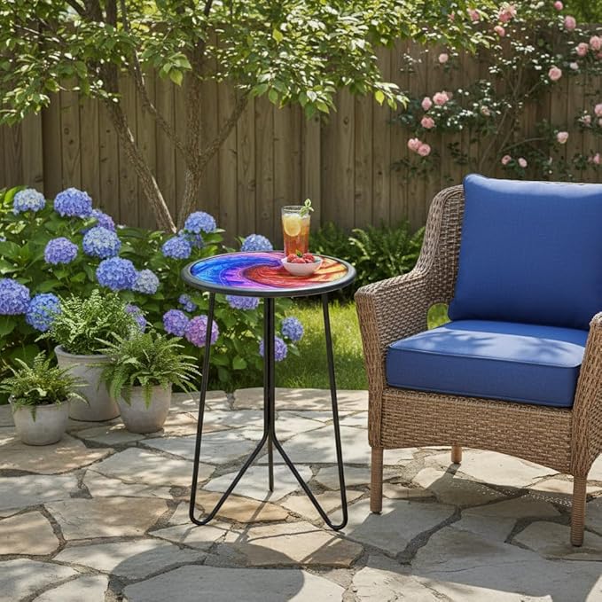 LIFFY Patio Side Tables,12" Metal Outdoor Side Table with Colorful Glass Tabletop,Small Round Decorative Metal End Table & Plant Tables for Home Garden Yard Balcony