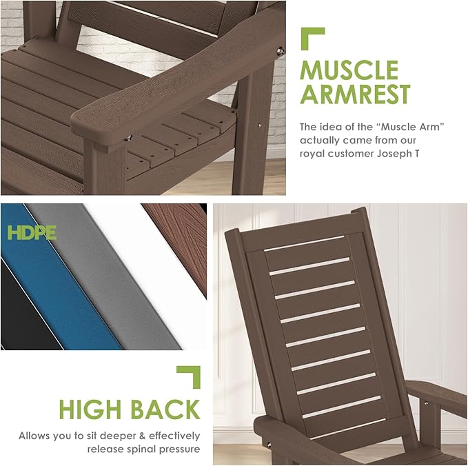GREENVINES Outdoor Rocking Chairs | Set of 4 | Porch Rocker | HDPE Plastic | Wood Grain | Oversized Rockers | High Back | Big & Tall | Ladder Back | Dark Brown | for Patio Outside
