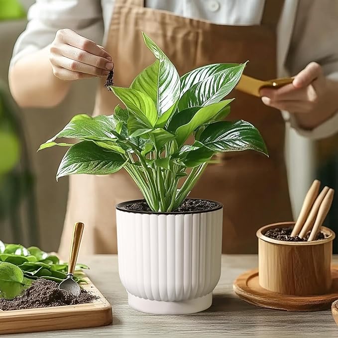T4U 7 Inch Self Watering Pots for Indoor Plants, 4 Pack Plant Pots, Self Watering Planter for Indoor Plants, Durable Plastic Pots (4 Pack, 7", White)