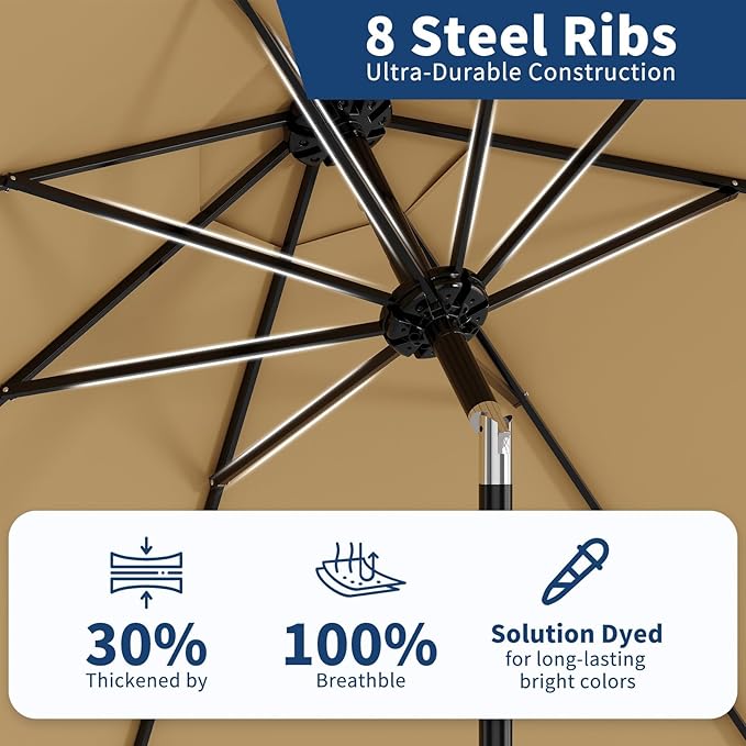10 ft Patio Umbrella - 8 Sturdy Ribs Outdoor Table Umbrella with Crank Lift & Push Button Tilt - Market Umbrella for Pool, Deck, Yard, Garden - Tan