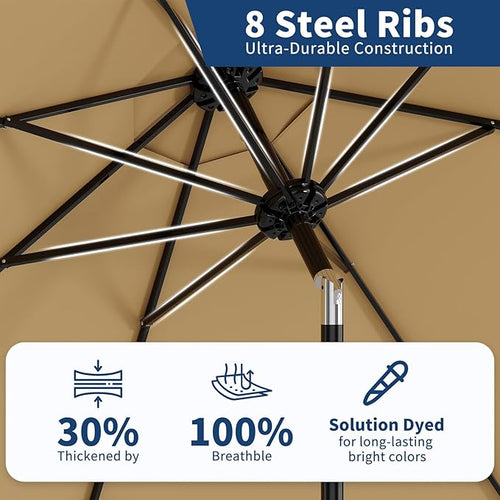 10 ft Patio Umbrella - 8 Sturdy Ribs Outdoor Table Umbrella with Crank Lift & Push Button Tilt - Market Umbrella for Pool, Deck, Yard, Garden - Tan