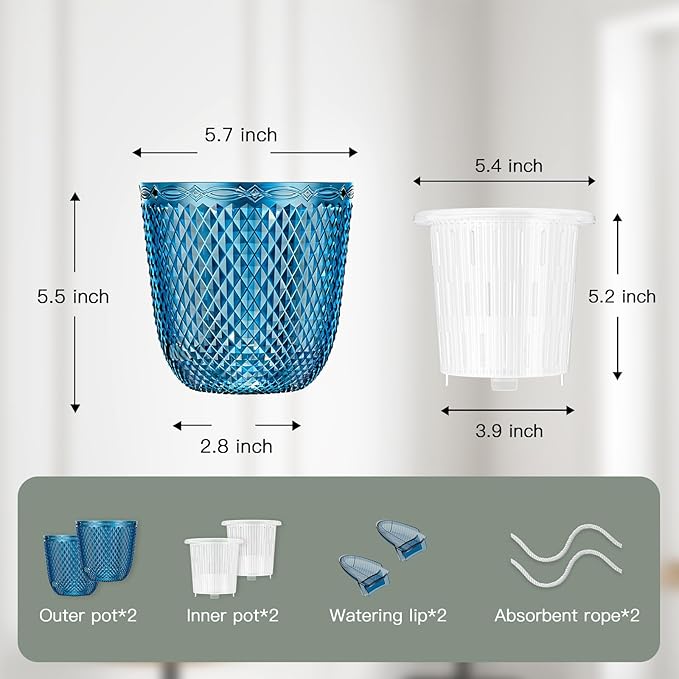 QCQHDU 2 Pack Self Watering Pots, 5.7 Inch Flower Pots with Drainage Holes and Water Filling Port, Garden Planter for Indoor Outdoor Plants (Klein Blue)