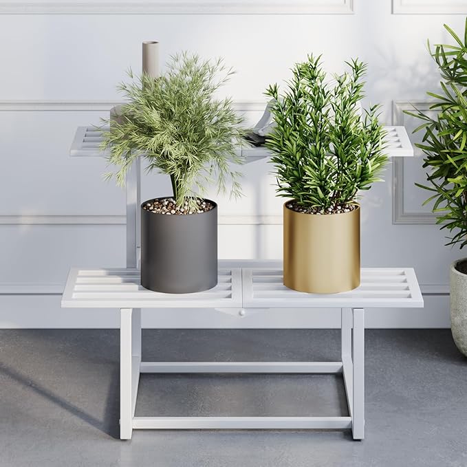 Metal Plant Stand Indoor, Outdoor Iron Plant Shelf, Heavy Duty Slatted Display Shelf for Patio Balcony Garden Living Room Load Bearing 330 LB 26" L x 20.2" H x 17.7" W 2 Tier White