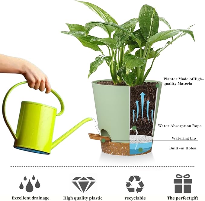 5 Pack 5 inch Self-Watering Pots, African Violets Planter with Drainage Holes and Reservoir, Green Brown Plastic Planter for Indoor Outdoor Plants Flowers and Houseplants Green Brown, 5 inch 5 pcs