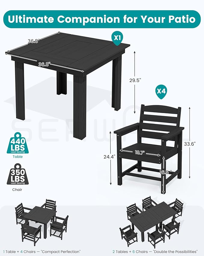 SERWALL Outdoor Dining Set for 4, HDPE Square Table and Chairs Set All Weather Patio Dining Set with 4 Classic Dining Chairs, 5-Piece Patio Dining Furniture for Deck, Black