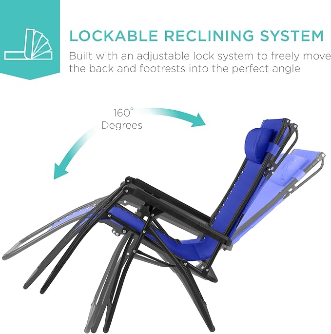 Best Choice Products 30” Wide Folding Zero Gravity Outdoor Recliner Patio Lounge Chair w/Adjustable Canopy Shade, Headrest, Side Accessory Tray - Cobalt Blue