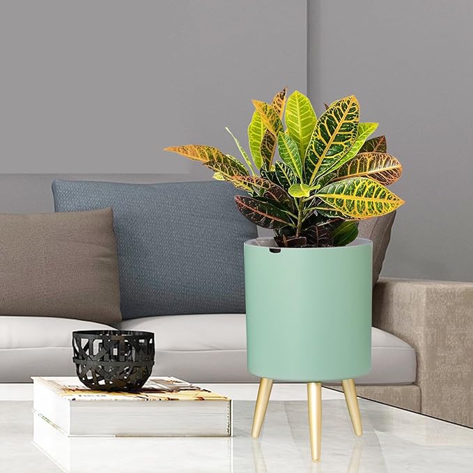 7.8 Inch Planter Pot with Metal Craft Legs, Self Watering Planter Pots with Water Shortage Alarm Planter Pot for Indoor Outdoor Modern Planter for Home & Garden (Green)