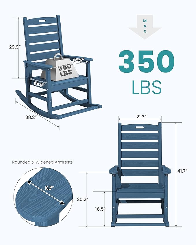 SERWALL Oversized Outdoor Rocking Chair, HDPE Patio Rocking Chair with Footrest for Adults, All Weather Porch Rocker for Deck Patio Balcony, Navy