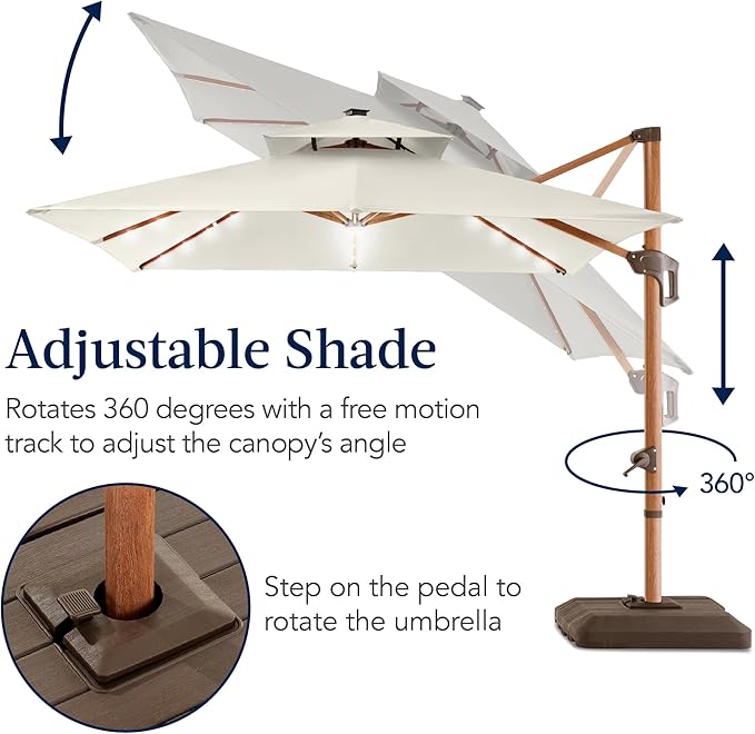 Best Choice Products 10ft Square Cantilever Patio Umbrella w/Base Included, Woodgrain Pattern Pole & Solar LED Lights, 360-Rotation, Offset Hanging Outdoor Shade - Ivory
