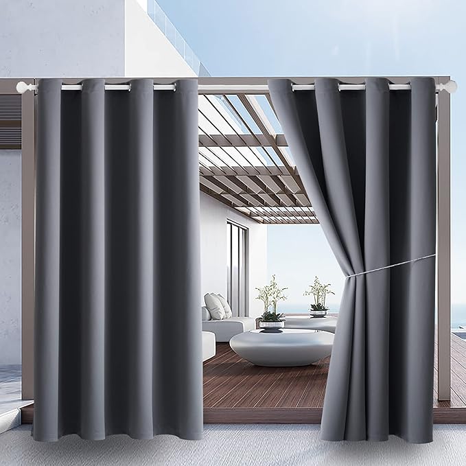 Outdoor Indoor Curtains W52 x L132 for Patio - Weather-resistant Window Panels Privacy Protect Grommet Top Thermal Insulated Home Curtain for Porch Pergola Lawn Garden Hot Tub Area (Gray, 2 Panels)
