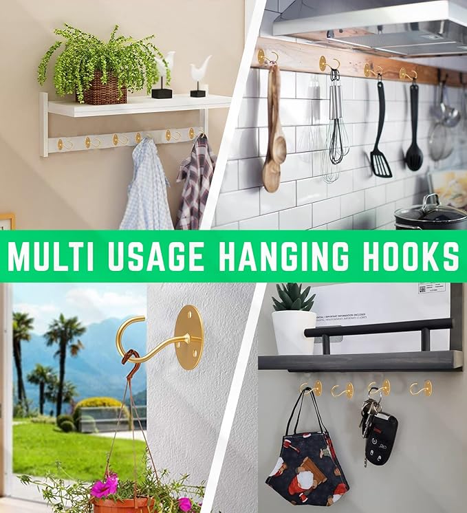 Ceiling Hooks for Hanging Plants- 4pcs 2.56 inches Heavy Duty Powder Coated, Gold Hanging Hooks for Bird Feeders, Planters and Wind Chimes