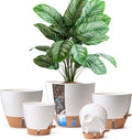 T4U 5 Pack Self Watering Pots (6"+8"+9"+10"+12") - Water Level Indicator & Deep Reservoir, Mess-Free Planters for Busy People, Beginners & Gardeners, Fit Most Plants, Indoor Outdoor Use (White)
