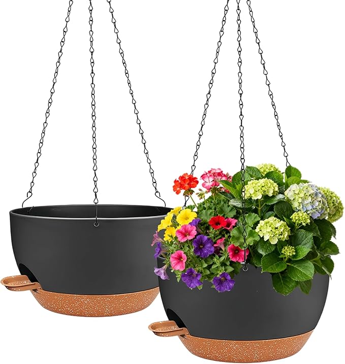 12 inch Hanging Planters for Indoor Outdoor Plants, 2 Pack Self Watering Hanging Planter with Drainage Holes and Saucer, Plastic Hanging Flower Pots with Chains for Kitchen, Balcony, Garden