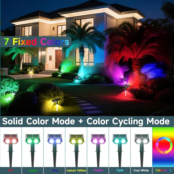 RGB Solar Spot Lights : 2 IN 1 Solar Lights Outdoor with 8 Lighting Modes & PC Light Guide Column for Tree Garden Yard Pathway | RGB Color Changing Landscape Lights | IP65 Waterproof | 6 Pack