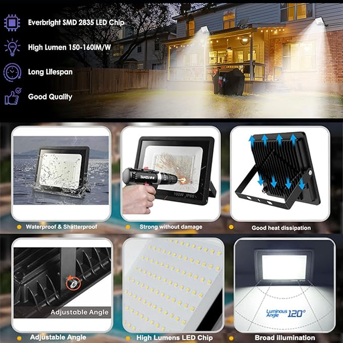 2Pack LED Flood Light Outdoor,50W LED Work Light 5500lm with 6FT US Plug,IP66 Waterproof Exterior Security Lights,6000K Daylight White Outside Floodlights Slim Design for Playground Yard