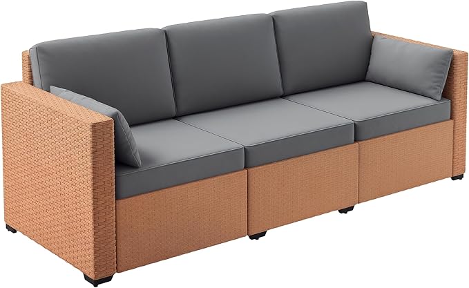 Outsunny Patio Couch PE Wicker Deep Seating Outdoor Sofa with Removable Cushions, 3 Seater Rattan Sofa, Outdoor Furniture for Balcony, Deck, Garden and Poolside, Sand