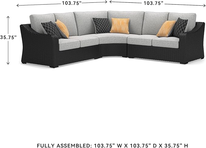 Signature Design by Ashley Beachcroft Curved Modern 3-Piece Outdoor Sectional with Cushion and 6 Throw Pillows, Light Gray